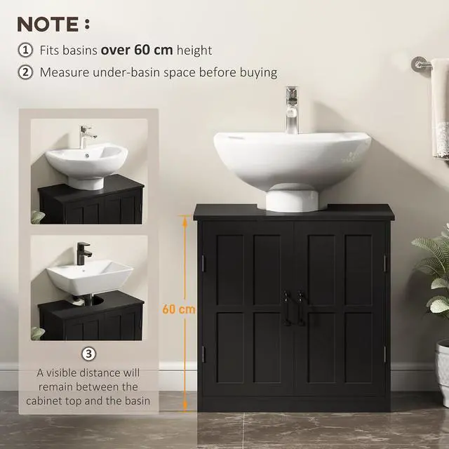 Alt view image 5 of 7 - kleankin Pedestal Sink Storage Cabinet with 2 Doors Adjustable Shelf Black | Under Sink Cabinet, Bathroom Vanity, U-Shape Cut-out