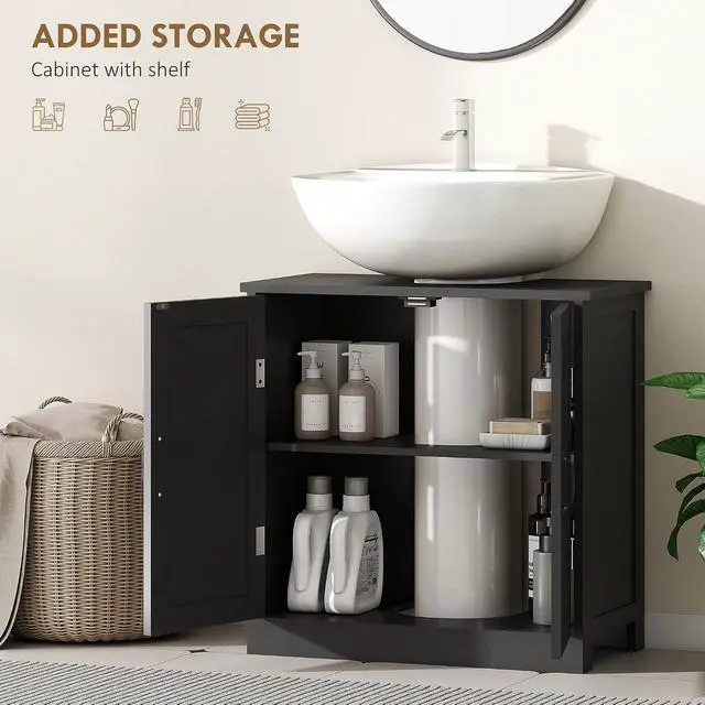 Alt view image 6 of 7 - kleankin Pedestal Sink Storage Cabinet with 2 Doors Adjustable Shelf Black | Under Sink Cabinet, Bathroom Vanity, U-Shape Cut-out