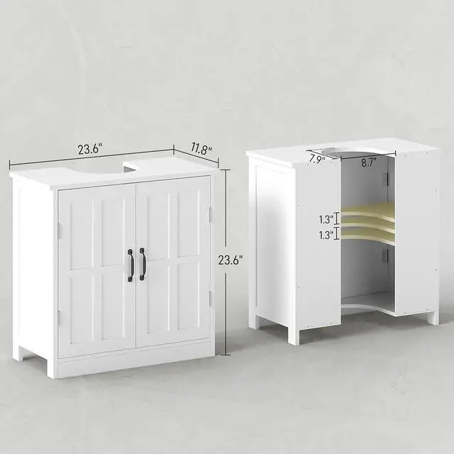 Alt view image 3 of 7 - kleankin Pedestal Sink Storage Cabinet Under Sink Cabinet 2 Doors White | Adjustable Shelf, Bathroom Vanity, U-Shape Cut-out