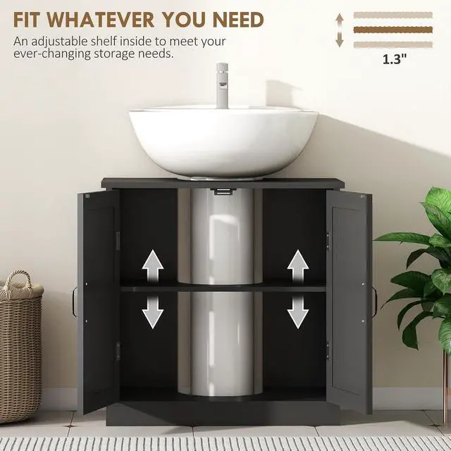 Alt view image 7 of 7 - kleankin Pedestal Sink Storage Cabinet with 2 Doors Adjustable Shelf Black | Under Sink Cabinet, Bathroom Vanity, U-Shape Cut-out