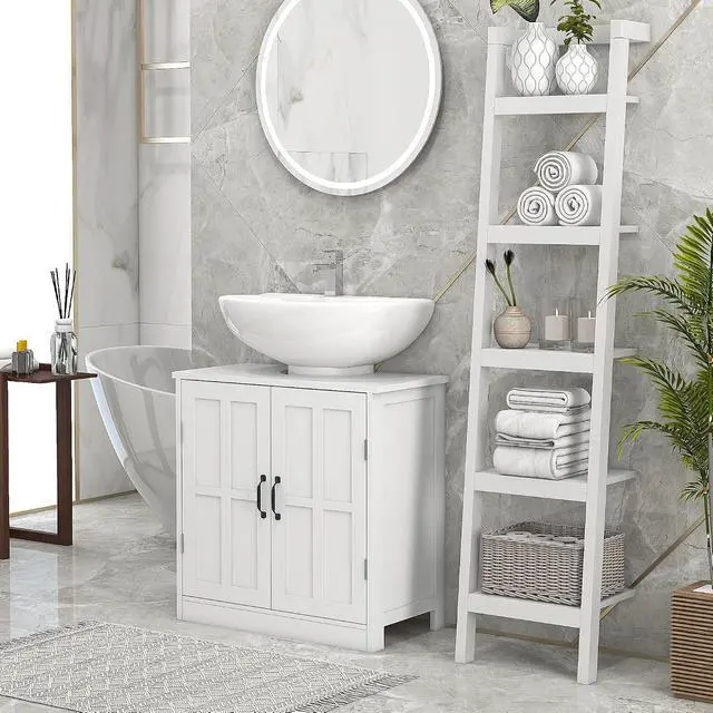 Alt view image 2 of 7 - kleankin Pedestal Sink Storage Cabinet Under Sink Cabinet 2 Doors White | Adjustable Shelf, Bathroom Vanity, U-Shape Cut-out