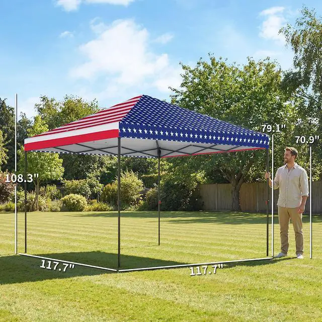 Alt view image 7 of 7 - 10 x 10 ft Pop Up Canopy Tent One Push Easy Setup, American Flag | Outdoor Portable Instant Canopy Shelter, Wheeled Carry Bag, Sandbags, Adjustable Height, Parties, Events
