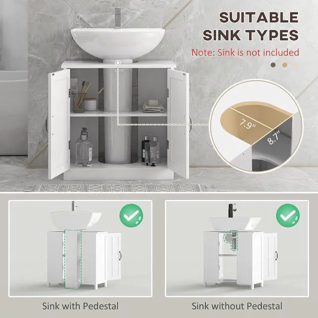 Alt view image 4 of 7 - kleankin Pedestal Sink Storage Cabinet Under Sink Cabinet 2 Doors White | Adjustable Shelf, Bathroom Vanity, U-Shape Cut-out
