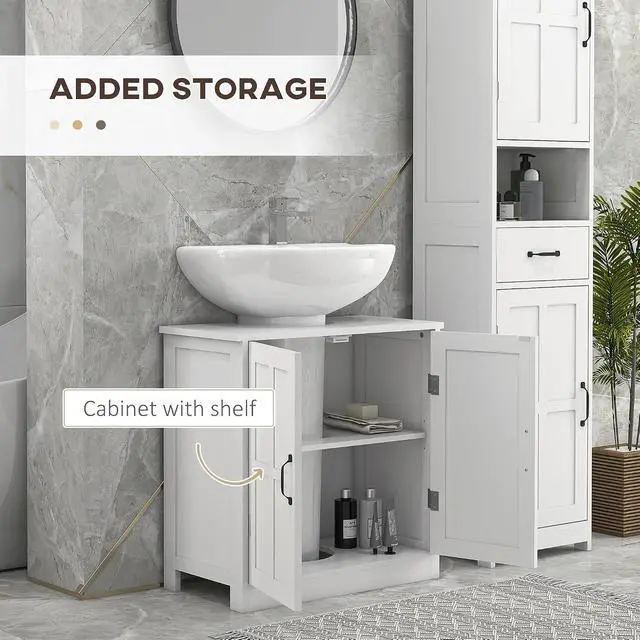Alt view image 6 of 7 - kleankin Pedestal Sink Storage Cabinet Under Sink Cabinet 2 Doors White | Adjustable Shelf, Bathroom Vanity, U-Shape Cut-out
