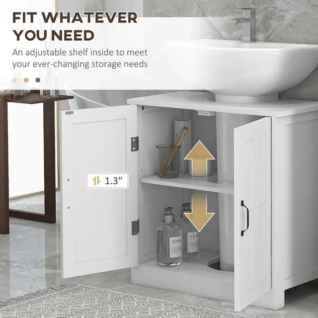 Alt view image 7 of 7 - kleankin Pedestal Sink Storage Cabinet Under Sink Cabinet 2 Doors White | Adjustable Shelf, Bathroom Vanity, U-Shape Cut-out