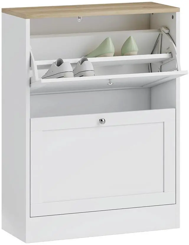 Main image of Shoe Storage Cabinet with 2 Flip Drawers, Adjustable Shelves, White | Wooden Freestanding Shoe Organizer, Narrow Design, Entryway, Hallway