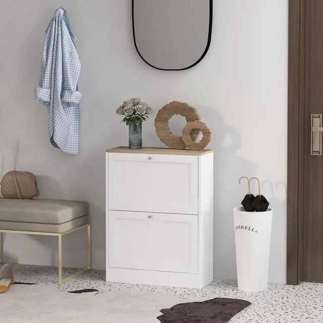Alt view image 2 of 7 - Shoe Storage Cabinet with 2 Flip Drawers, Adjustable Shelves, White | Wooden Freestanding Shoe Organizer, Narrow Design, Entryway, Hallway