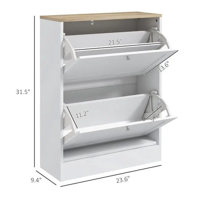 Alt view image 3 of 7 - Shoe Storage Cabinet with 2 Flip Drawers, Adjustable Shelves, White | Wooden Freestanding Shoe Organizer, Narrow Design, Entryway, Hallway