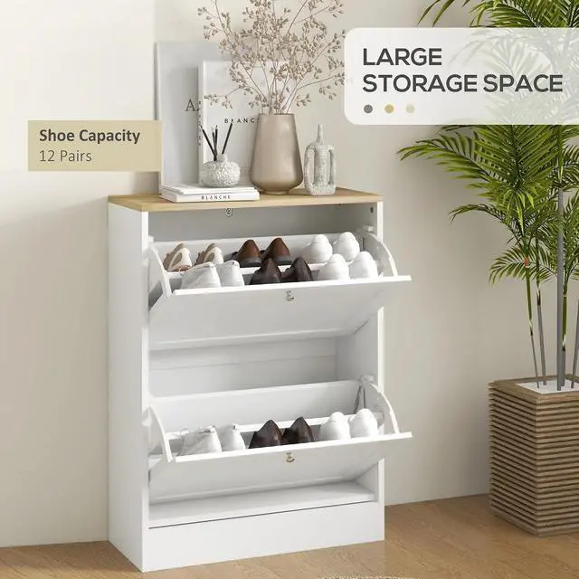 Alt view image 4 of 7 - Shoe Storage Cabinet with 2 Flip Drawers, Adjustable Shelves, White | Wooden Freestanding Shoe Organizer, Narrow Design, Entryway, Hallway