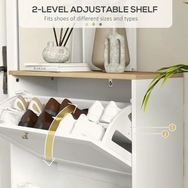 Alt view image 5 of 7 - Shoe Storage Cabinet with 2 Flip Drawers, Adjustable Shelves, White | Wooden Freestanding Shoe Organizer, Narrow Design, Entryway, Hallway