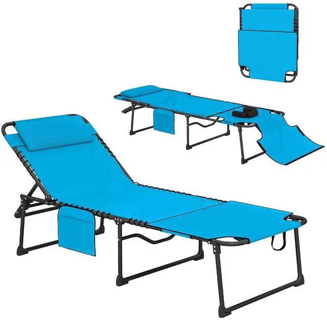 Main image of Folding Chaise Lounge Outdoor w/Face Hole Blue | 5-Level Reclining Back, Foldable, Tanning Chair, Face Hole, Side Pocket, Headrest, for Outside, Beach Yard Patio, Adults
