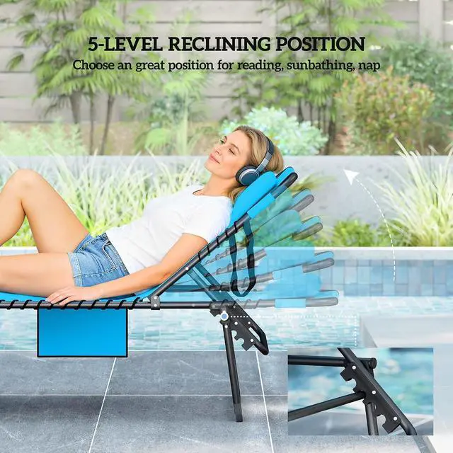 Alt view image 6 of 7 - Folding Chaise Lounge Outdoor w/Face Hole Blue | 5-Level Reclining Back, Foldable, Tanning Chair, Face Hole, Side Pocket, Headrest, for Outside, Beach Yard Patio, Adults