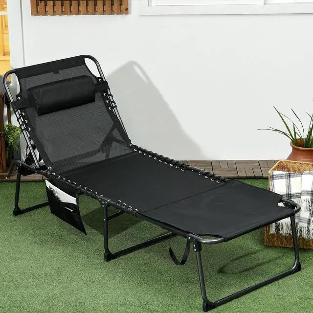 Alt view image 2 of 7 - Folding Chaise Lounge Outdoor w/Face Hole Black | 5-Level Reclining Back, Foldable, Tanning Chair, Face Hole, Side Pocket, Headrest, for Outside, Beach Yard Patio, Adults