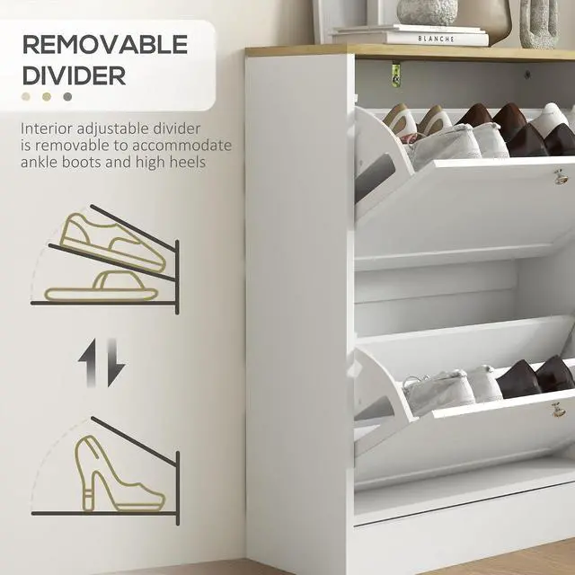 Alt view image 6 of 7 - Shoe Storage Cabinet with 2 Flip Drawers, Adjustable Shelves, White | Wooden Freestanding Shoe Organizer, Narrow Design, Entryway, Hallway