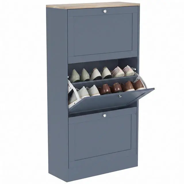 Main image of Shoe Storage Cabinet with 3 Flip Drawers, Adjustable Shelves, Blue | Wooden Freestanding Shoe Organizer, Narrow Design, Entryway, Hallway