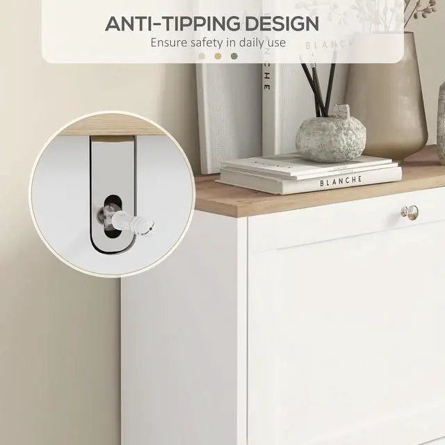 Alt view image 7 of 7 - Shoe Storage Cabinet with 2 Flip Drawers, Adjustable Shelves, White | Wooden Freestanding Shoe Organizer, Narrow Design, Entryway, Hallway