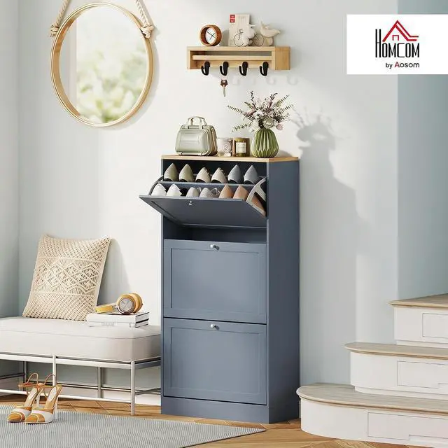 Alt view image 2 of 7 - Shoe Storage Cabinet with 3 Flip Drawers, Adjustable Shelves, Blue | Wooden Freestanding Shoe Organizer, Narrow Design, Entryway, Hallway