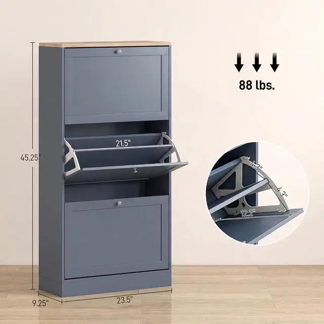 Alt view image 3 of 7 - Shoe Storage Cabinet with 3 Flip Drawers, Adjustable Shelves, Blue | Wooden Freestanding Shoe Organizer, Narrow Design, Entryway, Hallway