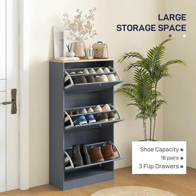 Alt view image 4 of 7 - Shoe Storage Cabinet with 3 Flip Drawers, Adjustable Shelves, Blue | Wooden Freestanding Shoe Organizer, Narrow Design, Entryway, Hallway