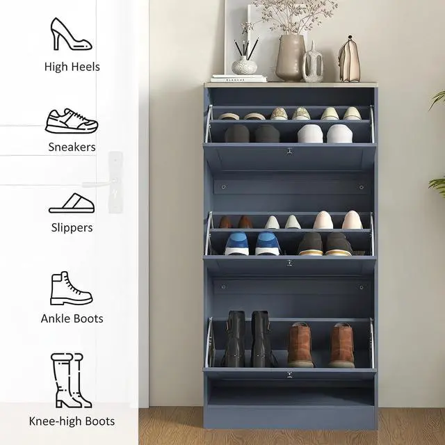 Alt view image 6 of 7 - Shoe Storage Cabinet with 3 Flip Drawers, Adjustable Shelves, Blue | Wooden Freestanding Shoe Organizer, Narrow Design, Entryway, Hallway
