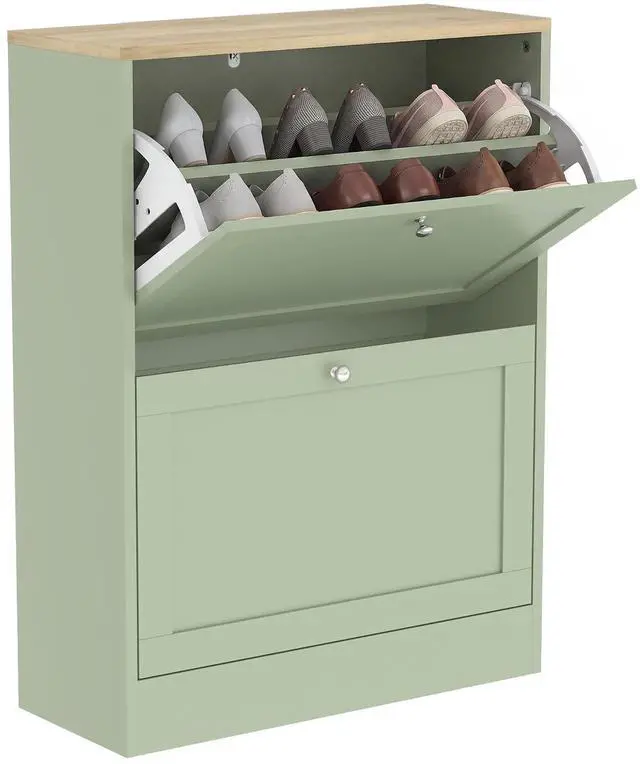 Main image of Shoe Storage Cabinet with 2 Flip Drawers Wooden Shoe Organizer Green | Freestanding Design, Adjustable Shelves, for Entryway, Hallway