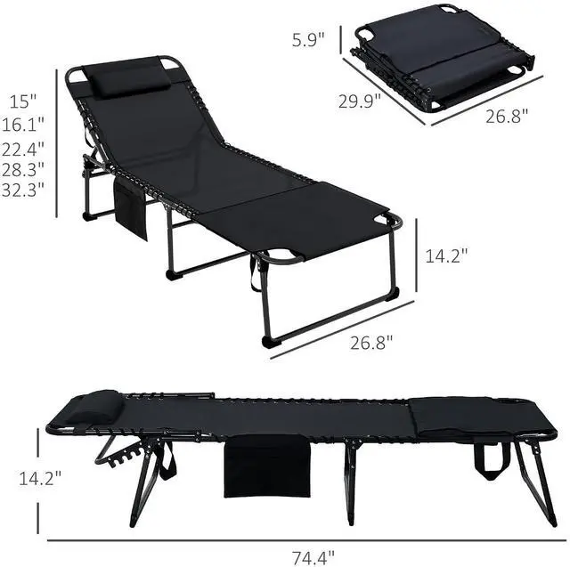 Alt view image 3 of 7 - Folding Chaise Lounge Outdoor w/Face Hole Black | 5-Level Reclining Back, Foldable, Tanning Chair, Face Hole, Side Pocket, Headrest, for Outside, Beach Yard Patio, Adults