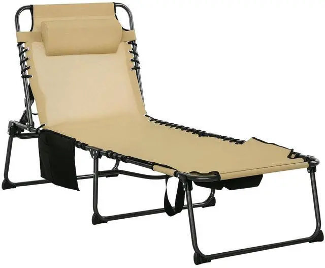Main image of Folding Chaise Lounge Outdoor w/Face Hole Beige | 5-Level Reclining Back, Foldable, Tanning Chair, Face Hole, Side Pocket, Headrest, for Outside, Beach Yard Patio, Adults