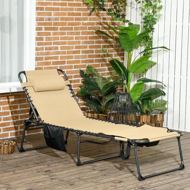 Alt view image 2 of 7 - Folding Chaise Lounge Outdoor w/Face Hole Beige | 5-Level Reclining Back, Foldable, Tanning Chair, Face Hole, Side Pocket, Headrest, for Outside, Beach Yard Patio, Adults