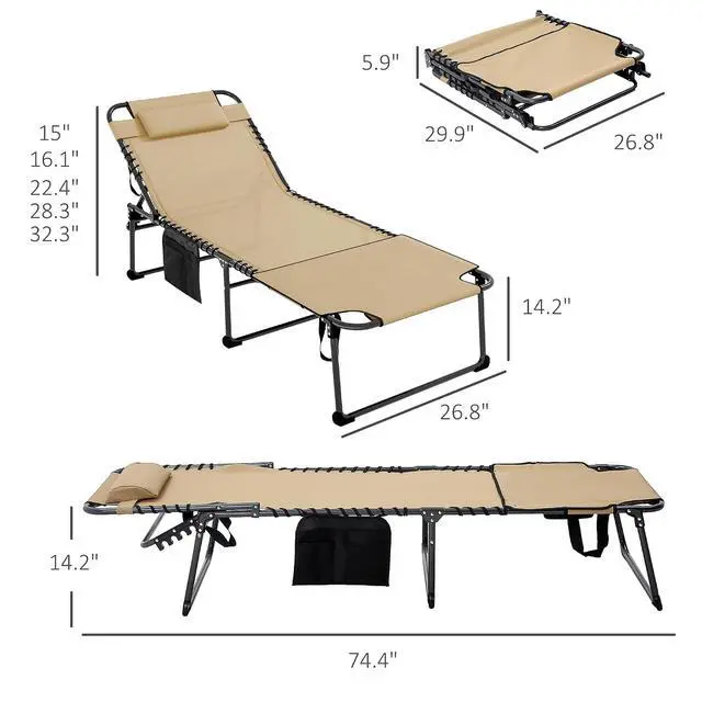 Alt view image 3 of 7 - Folding Chaise Lounge Outdoor w/Face Hole Beige | 5-Level Reclining Back, Foldable, Tanning Chair, Face Hole, Side Pocket, Headrest, for Outside, Beach Yard Patio, Adults