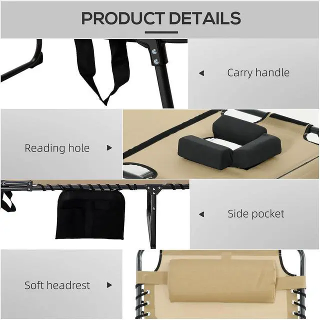 Alt view image 5 of 7 - Folding Chaise Lounge Outdoor w/Face Hole Beige | 5-Level Reclining Back, Foldable, Tanning Chair, Face Hole, Side Pocket, Headrest, for Outside, Beach Yard Patio, Adults