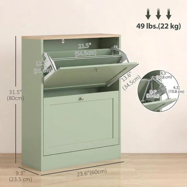 Alt view image 3 of 7 - Shoe Storage Cabinet with 2 Flip Drawers Wooden Shoe Organizer Green | Freestanding Design, Adjustable Shelves, for Entryway, Hallway