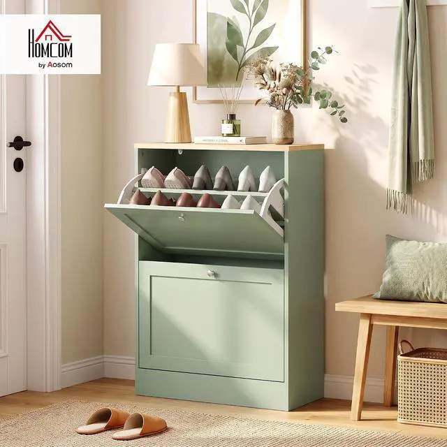 Alt view image 2 of 7 - Shoe Storage Cabinet with 2 Flip Drawers Wooden Shoe Organizer Green | Freestanding Design, Adjustable Shelves, for Entryway, Hallway