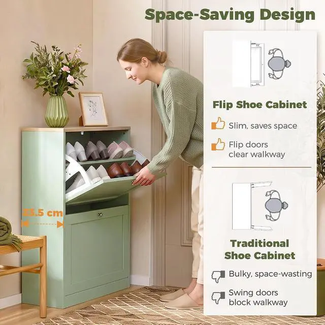 Alt view image 5 of 7 - Shoe Storage Cabinet with 2 Flip Drawers Wooden Shoe Organizer Green | Freestanding Design, Adjustable Shelves, for Entryway, Hallway
