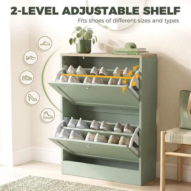 Alt view image 7 of 7 - Shoe Storage Cabinet with 2 Flip Drawers Wooden Shoe Organizer Green | Freestanding Design, Adjustable Shelves, for Entryway, Hallway