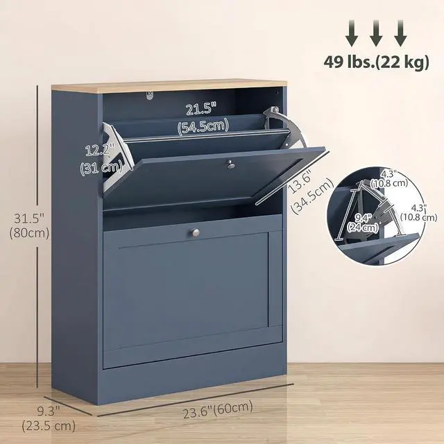 Alt view image 3 of 7 - Shoe Storage Cabinet with 2 Flip Drawers, Entryway, Blue | Wooden Freestanding Shoe Organizer, Adjustable Shelves, Hallway