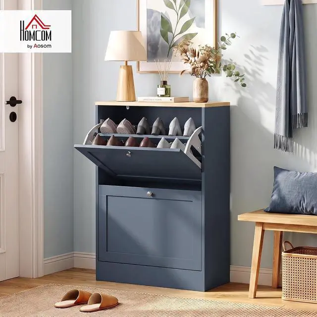 Alt view image 2 of 7 - Shoe Storage Cabinet with 2 Flip Drawers, Entryway, Blue | Wooden Freestanding Shoe Organizer, Adjustable Shelves, Hallway