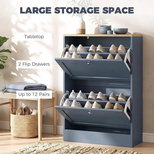 Alt view image 4 of 7 - Shoe Storage Cabinet with 2 Flip Drawers, Entryway, Blue | Wooden Freestanding Shoe Organizer, Adjustable Shelves, Hallway