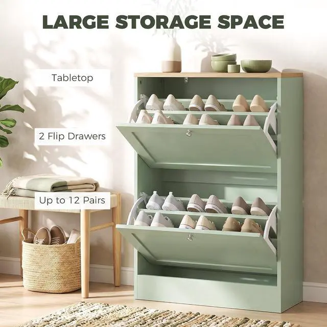 Alt view image 4 of 7 - Shoe Storage Cabinet with 2 Flip Drawers Wooden Shoe Organizer Green | Freestanding Design, Adjustable Shelves, for Entryway, Hallway