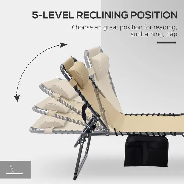 Alt view image 6 of 7 - Folding Chaise Lounge Outdoor w/Face Hole Beige | 5-Level Reclining Back, Foldable, Tanning Chair, Face Hole, Side Pocket, Headrest, for Outside, Beach Yard Patio, Adults