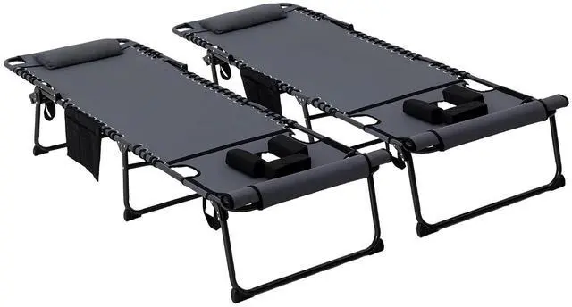 Main image of 2 Piece Folding Chaise Lounge Outdoor w/Face Hole Gray | 5-Level Reclining Back, Foldable, Tanning Chair, Face Hole, Side Pocket, Headrest, for Outside, Beach Yard Patio, Adults