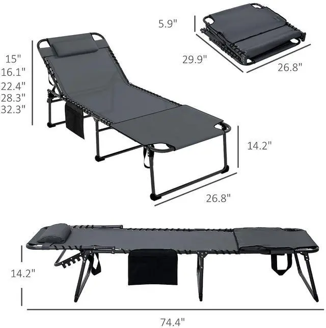 Alt view image 3 of 7 - 2 Piece Folding Chaise Lounge Outdoor w/Face Hole Gray | 5-Level Reclining Back, Foldable, Tanning Chair, Face Hole, Side Pocket, Headrest, for Outside, Beach Yard Patio, Adults