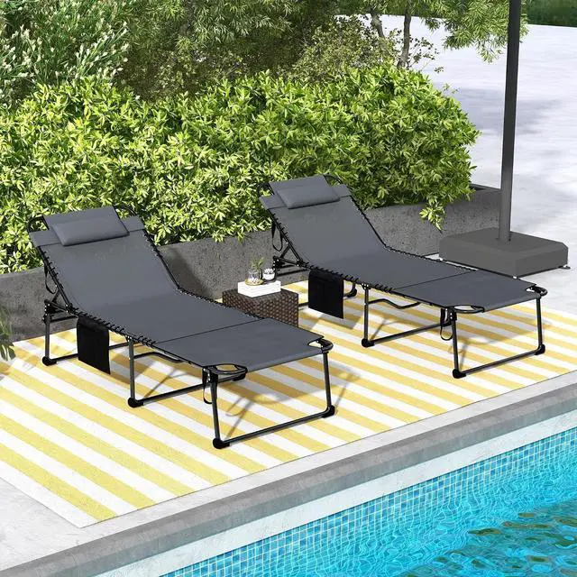 Alt view image 2 of 7 - 2 Piece Folding Chaise Lounge Outdoor w/Face Hole Gray | 5-Level Reclining Back, Foldable, Tanning Chair, Face Hole, Side Pocket, Headrest, for Outside, Beach Yard Patio, Adults