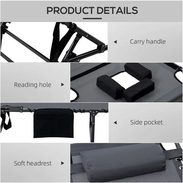 Alt view image 5 of 7 - 2 Piece Folding Chaise Lounge Outdoor w/Face Hole Gray | 5-Level Reclining Back, Foldable, Tanning Chair, Face Hole, Side Pocket, Headrest, for Outside, Beach Yard Patio, Adults