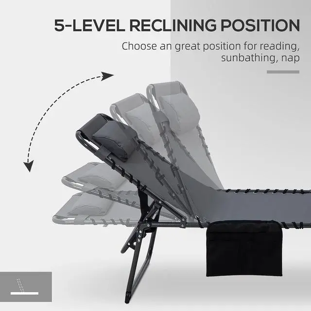 Alt view image 6 of 7 - 2 Piece Folding Chaise Lounge Outdoor w/Face Hole Gray | 5-Level Reclining Back, Foldable, Tanning Chair, Face Hole, Side Pocket, Headrest, for Outside, Beach Yard Patio, Adults
