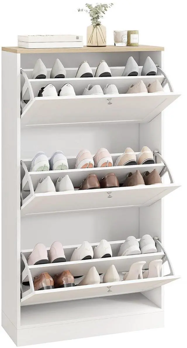 Main image of Shoe Storage Cabinet with 3 Flip Drawers, Adjustable Shelves, White | Wooden Freestanding Shoe Organizer, Narrow Design, Entryway, Hallway