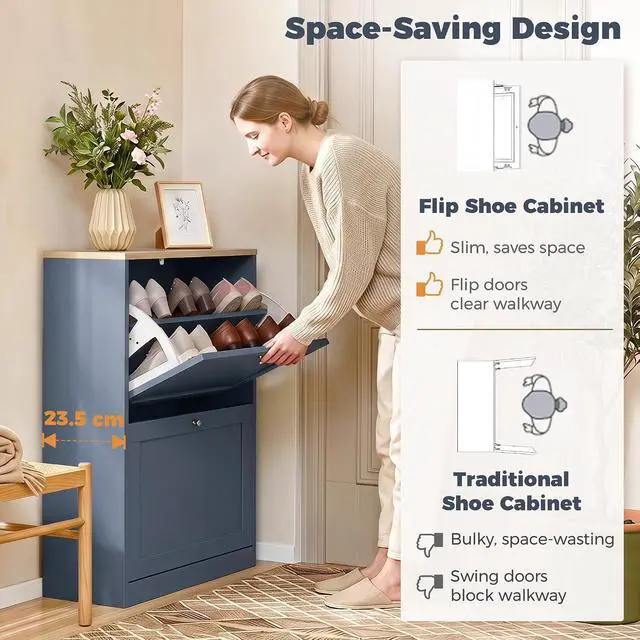 Alt view image 5 of 7 - Shoe Storage Cabinet with 2 Flip Drawers, Entryway, Blue | Wooden Freestanding Shoe Organizer, Adjustable Shelves, Hallway