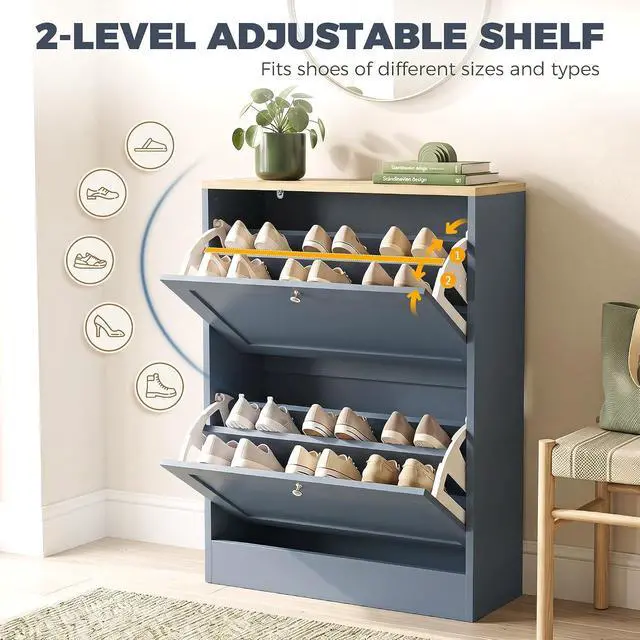 Alt view image 7 of 7 - Shoe Storage Cabinet with 2 Flip Drawers, Entryway, Blue | Wooden Freestanding Shoe Organizer, Adjustable Shelves, Hallway