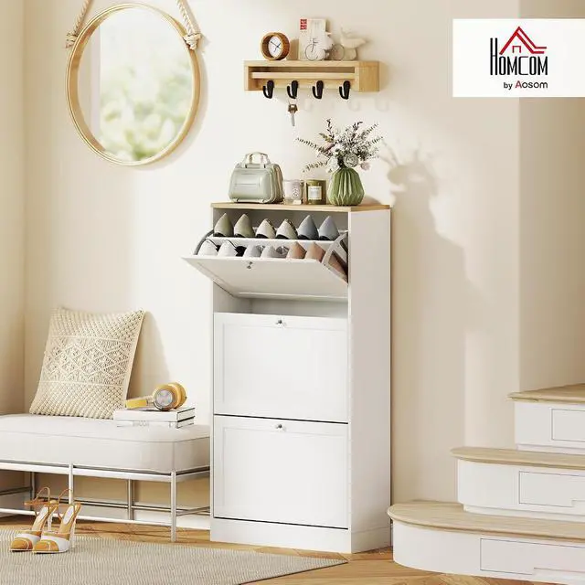 Alt view image 2 of 7 - Shoe Storage Cabinet with 3 Flip Drawers, Adjustable Shelves, White | Wooden Freestanding Shoe Organizer, Narrow Design, Entryway, Hallway