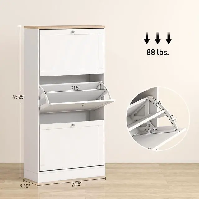 Alt view image 3 of 7 - Shoe Storage Cabinet with 3 Flip Drawers, Adjustable Shelves, White | Wooden Freestanding Shoe Organizer, Narrow Design, Entryway, Hallway