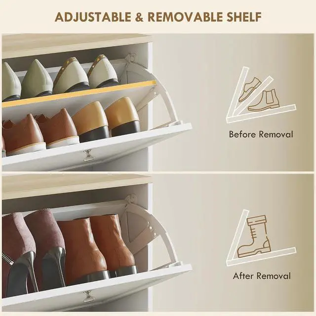 Alt view image 5 of 7 - Shoe Storage Cabinet with 3 Flip Drawers, Adjustable Shelves, White | Wooden Freestanding Shoe Organizer, Narrow Design, Entryway, Hallway